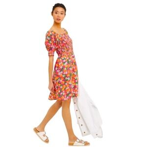 Draper James Pink orange Floral Dress Smocked Square Neck Puff Sleeve Summer‎ XL